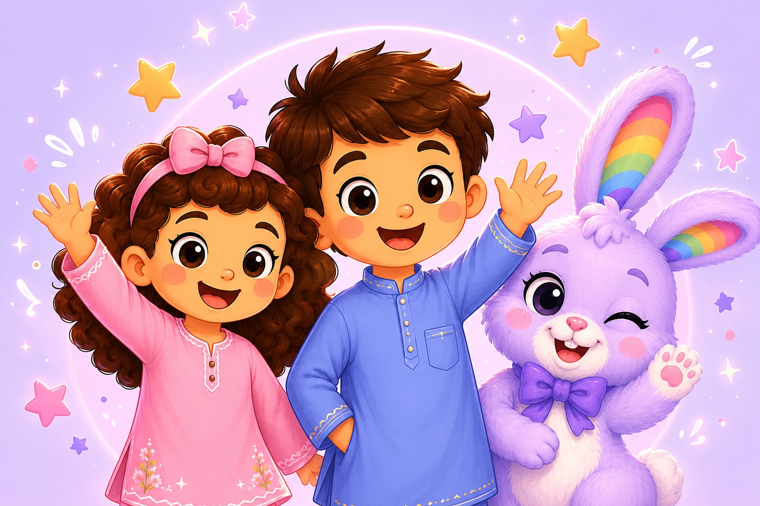 Noor, Ayaan and Bunny waving hello